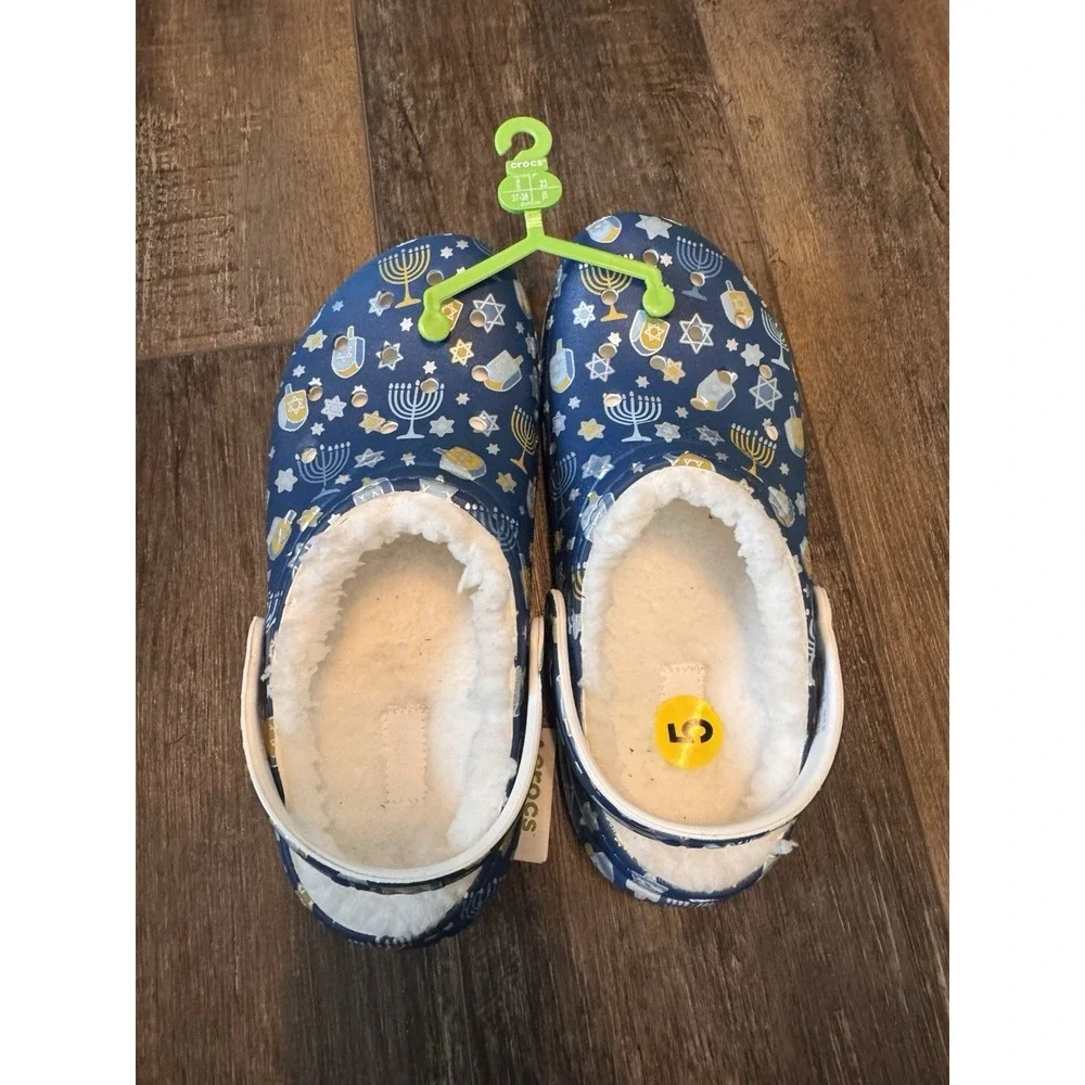 Crocs Classic Lined Hanukkah Clogs Size J5 Blue Slip On Shoes NEW